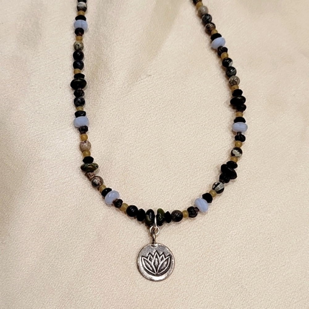 Boho/Hippie Agate beads, seeds w Lotus Charm Necklace